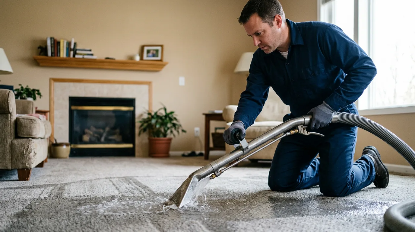 Water damage restoration technician working near Wolf Lake, IL